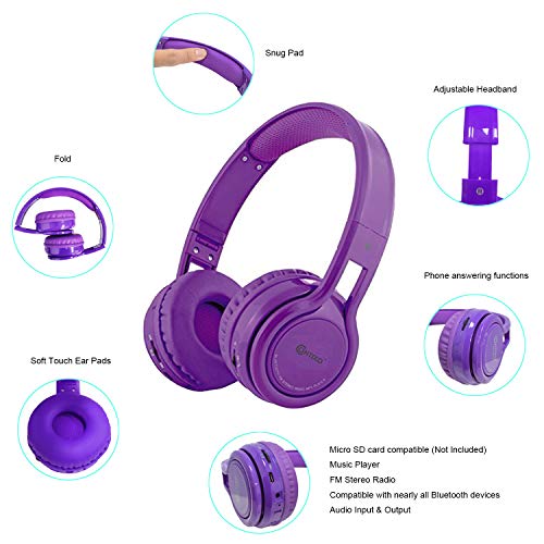 Contixo KB2600 Kids Over The Ear Foldable Bluetooth Headphones Kids Safe 85dB with Volume Limiter, Built-in Microphone, Micro SD Card Slot, FM Stereo Radio, Phone Controls (Purple)