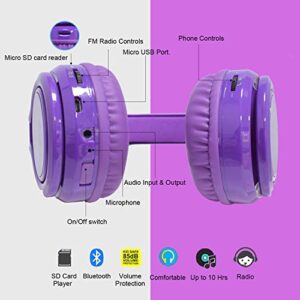 Contixo KB2600 Kids Over The Ear Foldable Bluetooth Headphones Kids Safe 85dB with Volume Limiter, Built-in Microphone, Micro SD Card Slot, FM Stereo Radio, Phone Controls (Purple)