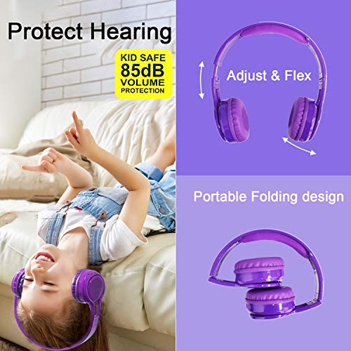 Contixo KB2600 Kids Over The Ear Foldable Bluetooth Headphones Kids Safe 85dB with Volume Limiter, Built-in Microphone, Micro SD Card Slot, FM Stereo Radio, Phone Controls (Purple)