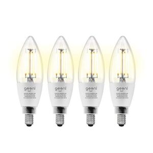 geeni lux edison b11 filament wifi led smart bulb, b11 candelabra, 4w, e12 base, dimmable, white light, compatible with amazon alexa & google home – no hub required- 4 pack