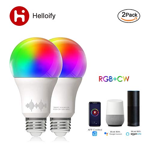 Helloify A19 Smart WiFi LED Light Bulbs, RGBCW Multi-Color Changing, Warm to Cool White Dimmable, Work with Alexa & Google Home (No Hub), 60W Equivalent E26, RGB+2700K-6500K, 2 Count