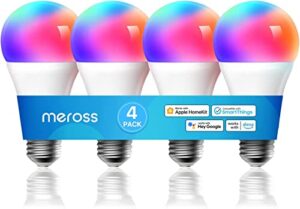 smart light bulb, meross smart wifi led bulbs compatible with apple homekit, siri, alexa, google assistant and smartthings, dimmable e26 multicolor 2700k-6500k rgbww, 810 lumens 60w equivalent, 4 pack