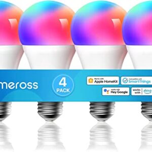 Smart Light Bulb, meross Smart WiFi LED Bulbs Compatible with Apple HomeKit, Siri, Alexa, Google Assistant and SmartThings, Dimmable E26 Multicolor 2700K-6500K RGBWW, 810 Lumens 60W Equivalent, 4 Pack