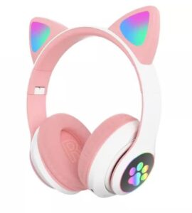 cute cat headphone with wireless bt noise cancelling microphone & led lights- pink
