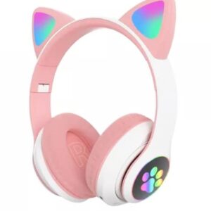 Cute Cat Headphone with Wireless BT Noise Cancelling Microphone & LED Lights- Pink