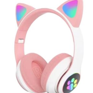 Cute Cat Headphone with Wireless BT Noise Cancelling Microphone & LED Lights- Pink