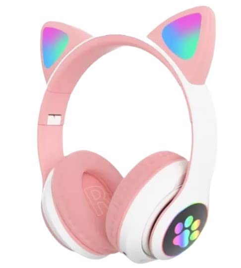 Cute Cat Headphone with Wireless BT Noise Cancelling Microphone & LED Lights- Pink