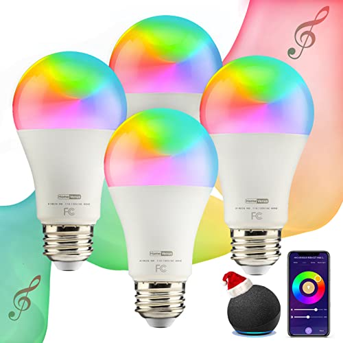 Homevenus HVS Smart Light Bulbs, 9W Equivalent 60W A19 E26 RGBW Music Sync Color Changing LED Light Bulbs, App 2.4GHz WiFi Dimmable Tunable White Work with Alexa Google Assistant, 4 Pack