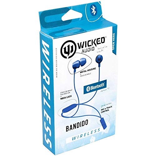 Wicked Audio Bandido Wireless — Bluetooth Earbuds with Microphone and Track Control — Wireless Headset with Metal Housing, Loop and Fin Attachments and Enhanced Bass — Blue