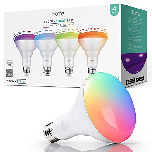 iHome Spectra Smart Color Light Bulbs, 1100 Lumens 10W (75W Equivalent), BR30 E26, Tunable Music Sync RGBWW WiFi Smart Bulb, No Hub Required, Works with Alexa and Google Home, 4 Pack