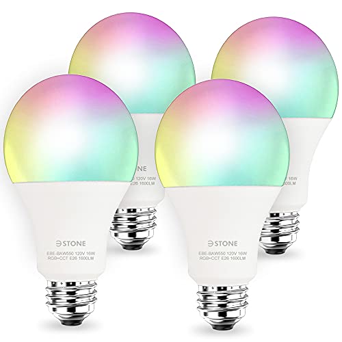 3Stone Smart Light Bulbs, 16W 1600 Lumens WiFi LED Color Changing A21 Bulb 100W Equivalent Dimmable 2700K-6500K RGBCW, Tunable White Works with Alexa, Google Home 2.4Ghz Only, No Hub Required 4 Pack