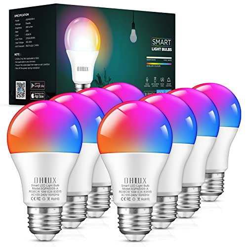 Smart Light Bulbs 8Pack,100W Equivalent Smart Bulb Work with Alexa Google Assistant, RGB Color Changing WiFi Bulb, Music Synic 2.4GHz WiFi & Bluetooth Multicolor A19 E26 110V Dimmable Light Bulbs