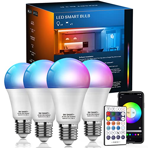 Smart WiFi Bulb with Remote, Dimmable Color Changing E26 A19 9W App Control LED Smart Light Bulbs, Work with Alexa Google Home and Siri (4Pack)