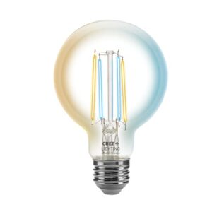 cree connected max smart led vintage glass filament bulb g25 globe 40w tunable white, 2.4 ghz, works with alexa and google home, no hub required, bluetooth + wifi, 1pk, clear, cmg25-40w-al-9tw-gl