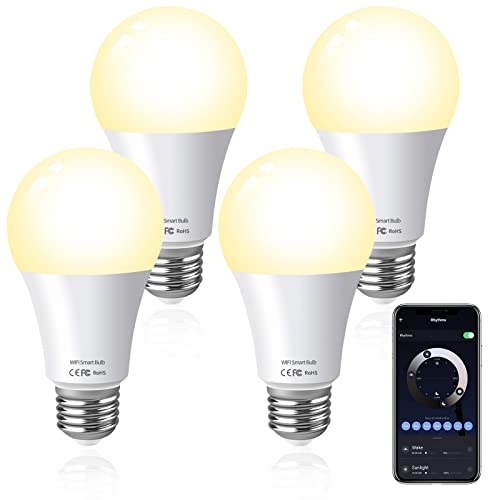 HUTAKUZE Smart Light Bulbs, WiFi+BLE Smart Bulb, LED Bulb Work with Alexa & Google Assistant, A19/E26, 9W 120V 806lm, Schedules, Dimmable, Biorhythm, No Hub (4 Pack)