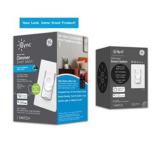 GE CYNC Smart Dimmer Light Switch, Neutral Wire Required, Bluetooth and 2.4 GHz Wi-Fi 4-Wire Switch, Works with Alexa and Google Home (Packaging May Vary)