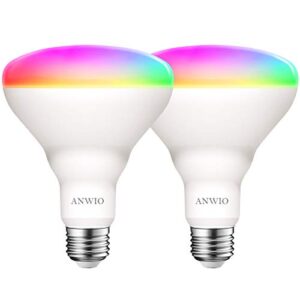 anwio smart light bulb br30 rgb color changing led wifi dimmable multicolor light bulbs e26 base, compatible with alexa, google assistant, no hub required, 650 lumen 8.5w (60w equivalent) 2 pack