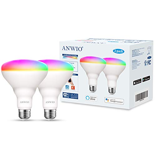 ANWIO Smart Light Bulb BR30 RGB Color Changing LED WiFi Dimmable Multicolor Light Bulbs E26 Base, Compatible with Alexa, Google Assistant, No Hub Required, 650 Lumen 8.5W (60W Equivalent) 2 Pack