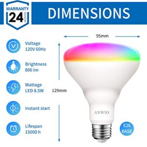 ANWIO Smart Light Bulb BR30 RGB Color Changing LED WiFi Dimmable Multicolor Light Bulbs E26 Base, Compatible with Alexa, Google Assistant, No Hub Required, 650 Lumen 8.5W (60W Equivalent) 2 Pack