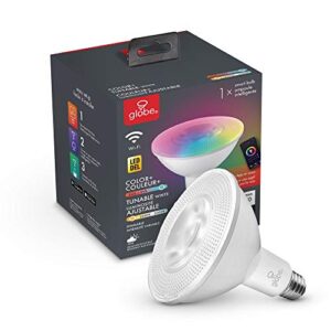 globe electric 50043 wi-fi smart 10 watt (90w equivalent) multicolor changing rgb tunable white frosted led light bulb, no hub required, voice activated, 2000k – 5000k, par38 shape, e26 base