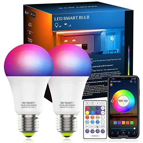 Konodar Smart Alexa Light Bulbs with Remote, Bluetooth & WiFi Dimmable E26 Bulb 9W Ultra-Bright Music Sync Color Changing Led Light Bulbs Works with Alexa, Google Home, Siri Shortcut, 2 Pack