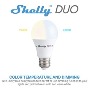 Shelly Duo, WiFi Smart Bulb, Warm Light, No Hub Required, iOS Android Enabled, Alex and Google Compatible, MQTT Enabled, 2500K to 6500K, 10W-800LM, E26 Bulb Base, 1 Pack