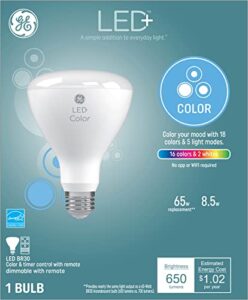 ge lighting led+ color changing indoor floodlight bulb, 18 colors & 5 light modes, no app or wi-fi required, remote included, br30 indoor floodlight bulb (1 pack)