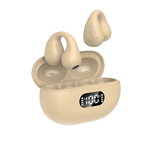 qingbizhin Wireless Ear Clip Bone Conduction Headphones Bluetooth Waterproof Mini Sports Running Earring Headphones Open Ear in Ear Headphones Wireless Earbuds with Power Cord (Khaki, One Size)