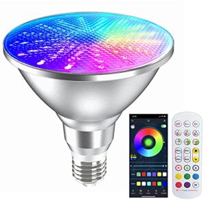 lxkbd smart light bulb 25w dimmable,waterproof bluetooth rgbic led bulbs with app and remote control,par38 timer music pickup color changing lights for pool home garden christmas party decoration 