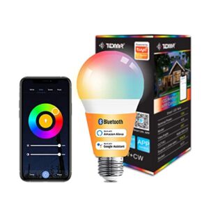todaair smart light bulbs 1 pack, bluetooth & wifi rgb+white color changing dimmable 60w equivalent e26 led light bulbs a19, alexa devices for home works with alexa and google home (no hub required)