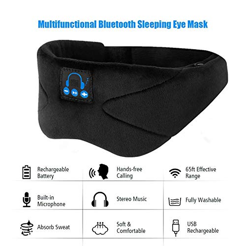 BearsFire Sleep Eye Mask with Wireless Bluetooth Headphones Washable Soft Cotton Music Sleep Eye Shades Wireless Headband Sport Headsets with Stereo Speakers Microphone for Travel Siesta Yoga (Black)