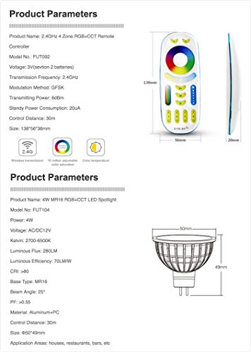 Mi Light MR16 Color Changing LED Spotlight RGB +CCT 4 Watt 4Pack and with 4-Zone FUT092 Remote