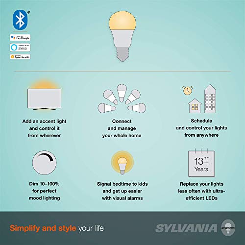 SYLVANIA SMART+ Bluetooth Soft White A19 LED Bulb, Compatible with Alexa, Apple HomeKit and Google Assistant, 1 pack