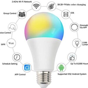 Smart WiFi Bulb,Smartlife APP,LED RGB Color Changing, 2700K-6500K, No Hub Required, A19 E26 Tuya 10W (100W Equivalent) LED Light Bulb,Pack of 2