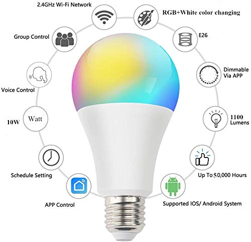 Smart WiFi Bulb,Smartlife APP,LED RGB Color Changing, 2700K-6500K, No Hub Required, A19 E26 Tuya 10W (100W Equivalent) LED Light Bulb,Pack of 2