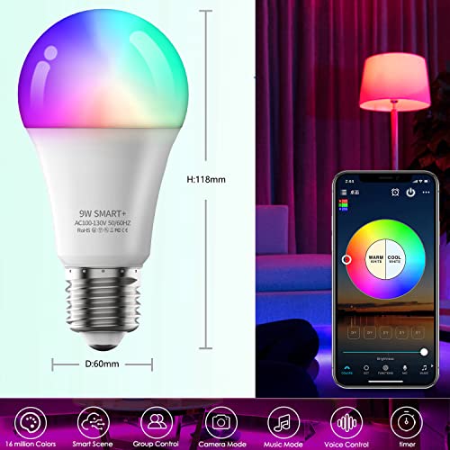 TFOI Smart Light Bulbs A19 E27 RGB Light Bulb WiFi Light Bulb Color Changing LED Lights or DIY Scene Setting Smart Bulb Compatible Alexa/Google Home Smart Light Bulb 80% Energy Saving（9w 2pack）