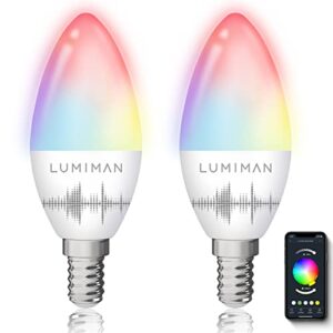 lumiman candelabra smart bulb e12 led smart light bulbs wifi rgb color changing smart lights that work with alexa google home music sync tunable white 5w 400lm no hub required 2 pack