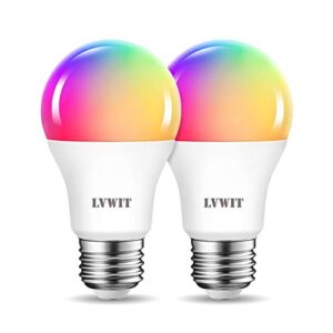 lvwit smart light bulb 2 pack, a19 smart led, work with alexa, google assistant, smart life app, tuya app, 8.5w (60w replacement), 2700k-6500k, e26 rgb color changing bulb, no hub required