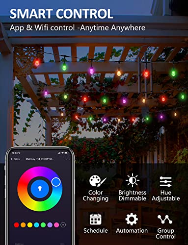 XMCOSY+ Outdoor String Lights, 98 Ft Smart RGB Patio Lights, App & WiFi Control LED String Lights Works with Alexa, IP65 Waterproof Color Changing RGBW Outdoor Lights with 30 Dimmable LED Bulbs