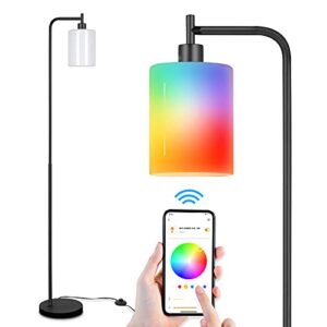 consciot industrial floor lamp, with white jade glass shade, smart wifi e26 rgbw dimmable led bulb(warm to daylight), foot switch/app control, metal standing lamp for living room bedroom home office