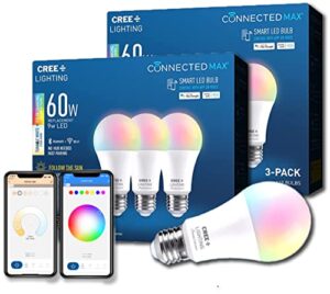 cree lighting connected max smart led bulb a19 60w tunable white + color changing, 2.4 ghz, compatible with alexa and google home, no hub required, bluetooth + wifi, 6pk