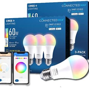 Cree Lighting Connected Max Smart Led Bulb A19 60W Tunable White + Color Changing, 2.4 Ghz, Compatible With Alexa And Google Home, No Hub Required, Bluetooth + Wifi, 6Pk