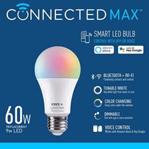 Cree Lighting Connected Max Smart Led Bulb A19 60W Tunable White + Color Changing, 2.4 Ghz, Compatible With Alexa And Google Home, No Hub Required, Bluetooth + Wifi, 6Pk