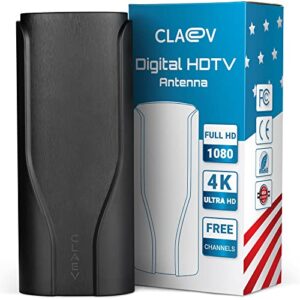 [newest 2023 chip] hdtv antenna; long range 300 miles reception, black indoor/outdoor antenna; built-in amplifier for signal boost; 29.5 ft coax cable; supports all hd digital tv formats; claev usa