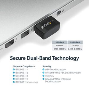 StarTech.com Wireless USB WiFi Adapter – Dual Band AC600 Wireless Dongle - 2.4GHz / 5GHz - 802.11ac Wi-Fi Laptop Adapter (USB433ACD1X1)