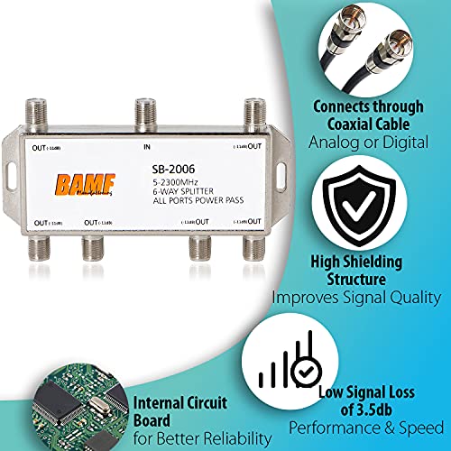 BAMF 6 Way Coaxial Cable Splitter, Bi-Directional Coax MoCA 5-2300MHz, RG6 Compatible, Nickel Plated Cable Splitter 2 Way Internet and TV Splitter, Satellite, Antenna, Analog/Digital Connections