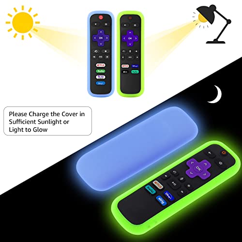 ONEBOM Roku Remote Cover-（2 Pack） Battery Cover for TCL Roku Smart TV Steaming Stick Remote, Silicone Roku tv Remote Case Glow in The Dark （All Can Glow）