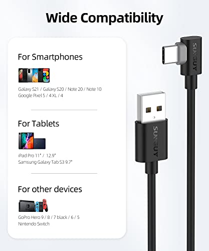 SUNGUY USB C 90 Degree Cable, [2-Pack, 1FT] Short Right Angle 3A USB 2.0 Type C Fast Charging & Sync Cord Compatible with Samsung Galaxy S21 S20 S10 S9 Note 10 9, Moto Z / G7 and More