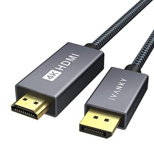 IVANKY 4K DisplayPort to HDMI Cable, Uni-Directional 4K@30Hz DP to HDMI Cable, Display Port to HDMI with Gold-Plated Braided, Display to HDMI for HDTV, Monitor, AMD, NVIDIA, Lenovo, HP, etc - 6.6ft