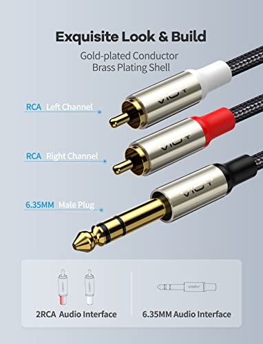 VIOY 1/4 to Dual RCA Audio Cable, Gold Plated Copper Shell Heavy Duty 6.35mm Quarter Inch Male TRS Jack to 2 RCA Phono Male Stereo Y Insert Splitter Adapter……